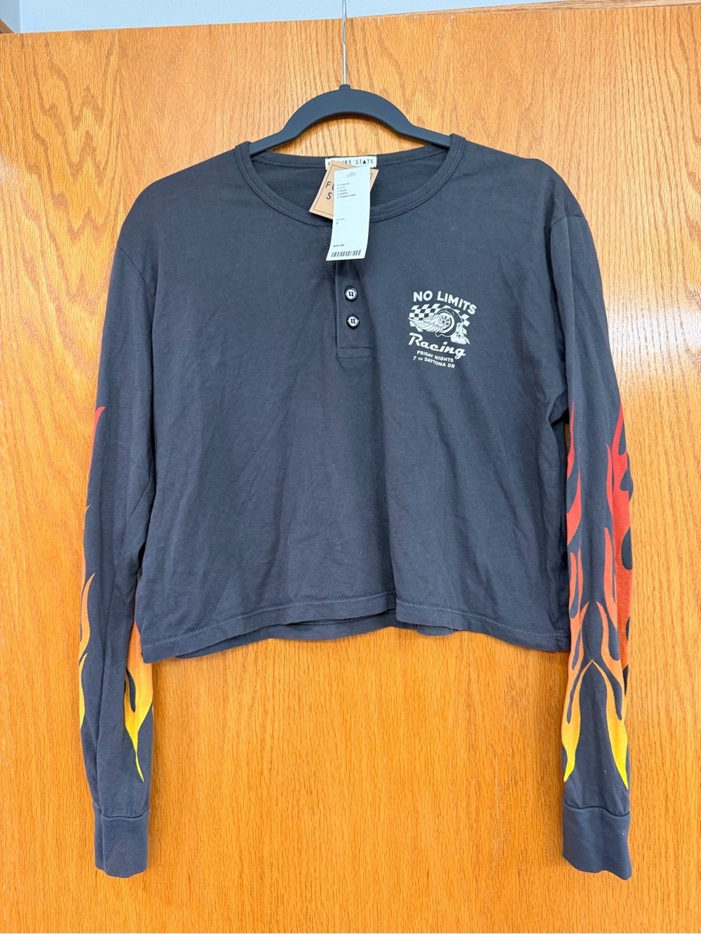PacSun Black Cropped Henley with Red-Orange-Yellow Flame Sleeves
